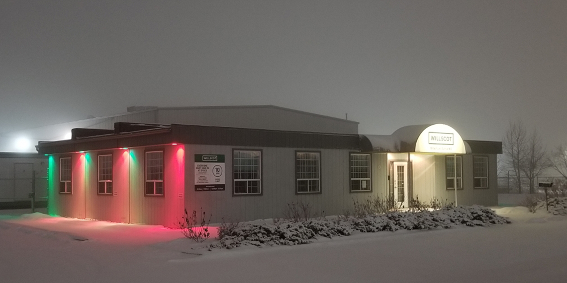 front entrance to WillScot Calgary office during the snow