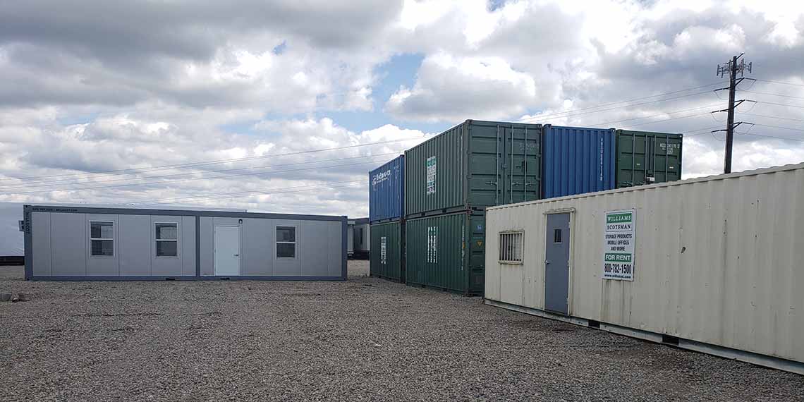 containers, modular offices, and mobile offices displayed at the WillScot Pittsburgh, PA yard