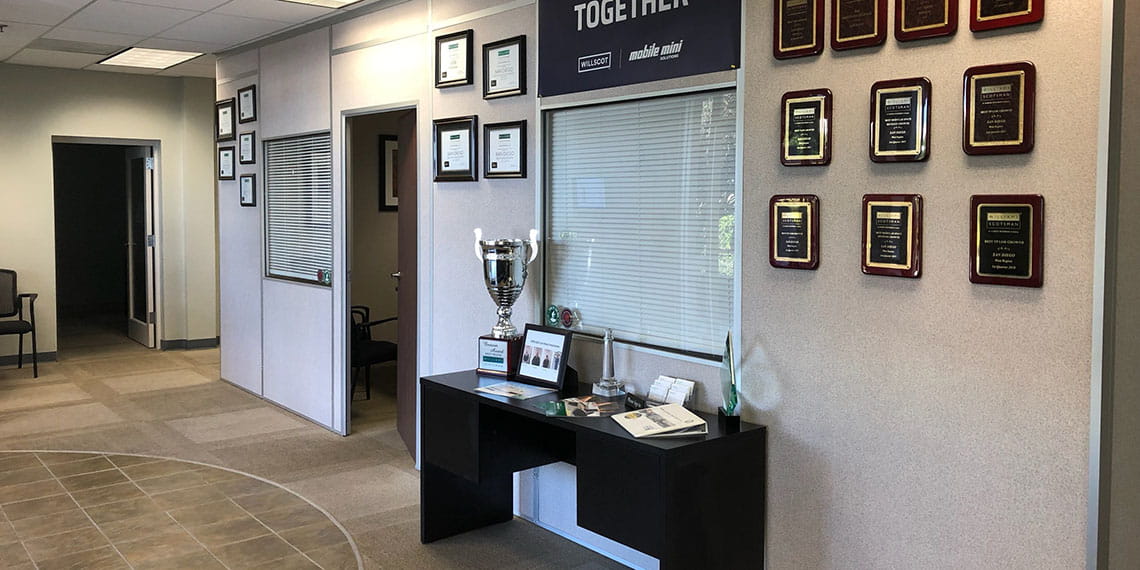 awards on display in the WillScot San Diego, CA office