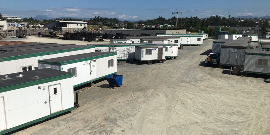 aerial view of mobile offices and modular buildings in the lot at WillScot Vancouver