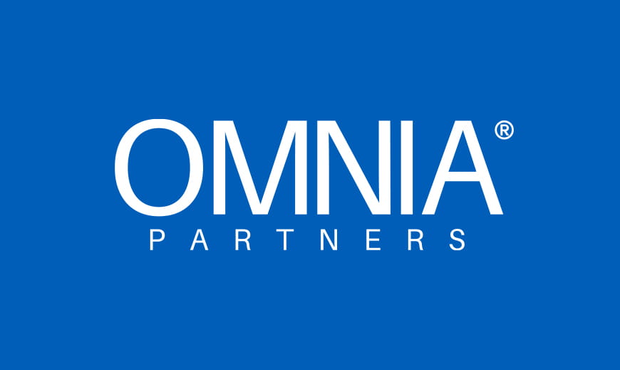 Omnia partners logo, white text on blue backdrop.
