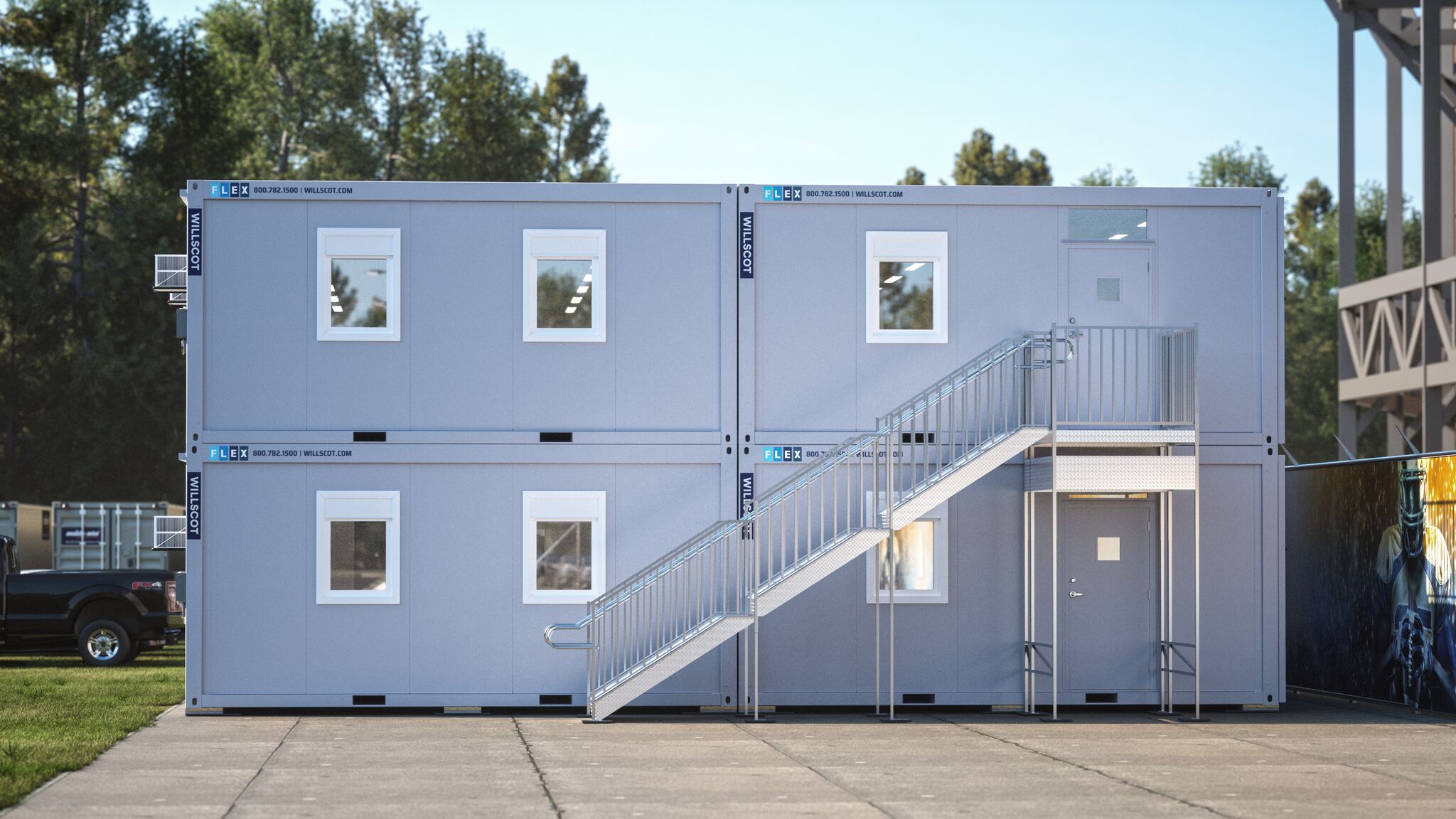 Multiple stacked FLEX containers with stairs for accessibility
