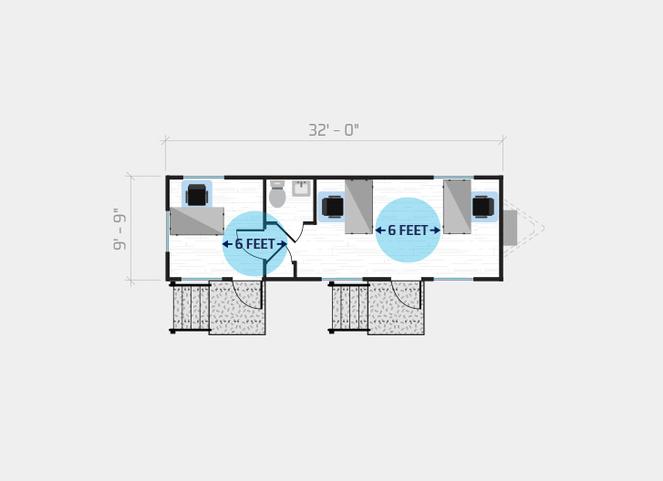 diagram shows 3 person job site in a 36' x 10' modular office