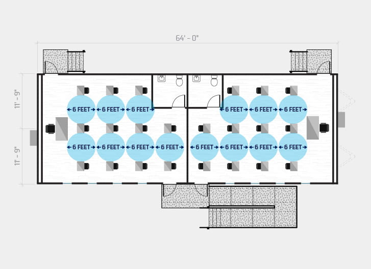diagram shows 21 student classroom in a 68' x 24' temporary classroom
