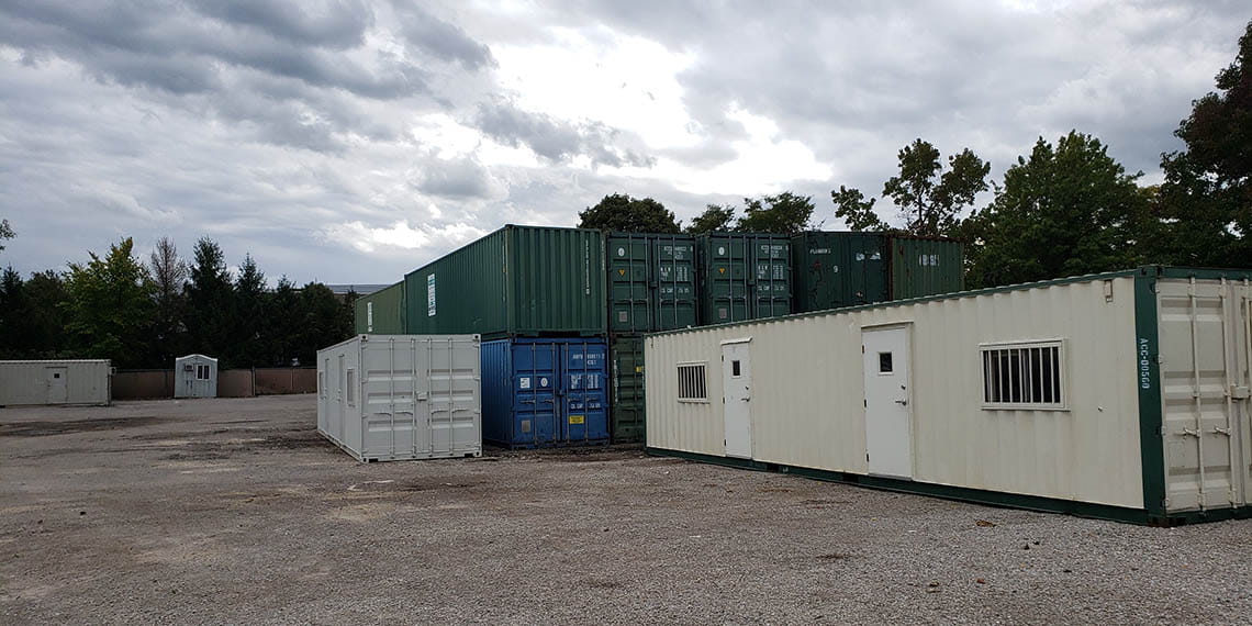 a container office next to a series of stacked storage containers at Willscot, Cleveland, OH