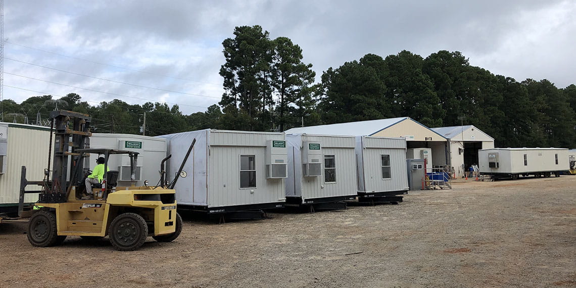 various mobile office trailers at the WillScot Columbia, SC yard