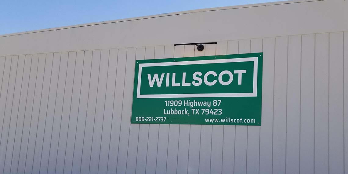 WillScot signage on the side of a WillScot Lubbock, TX warehouse